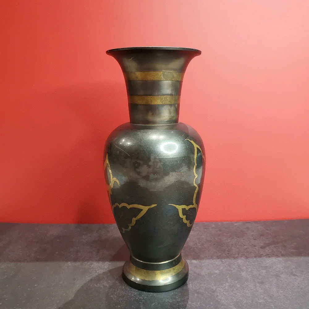 Vintage Hand-Etched Black & Gold Brass‎ Vase Made in India Mid-Century Decor